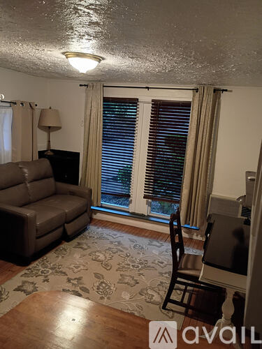A living room with a brown couch, a rug, and a chair.