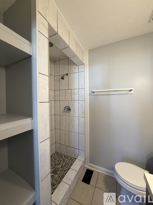 A bathroom with a toilet, a walk in shower and a white shelf.