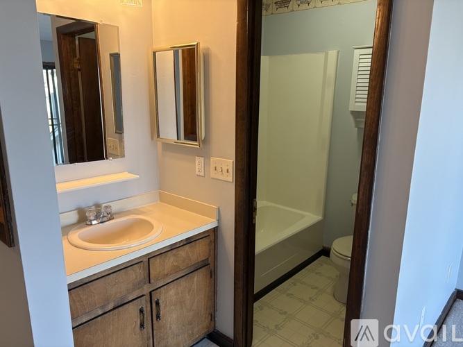 A bathroom with a sink, mirror, and a shower.