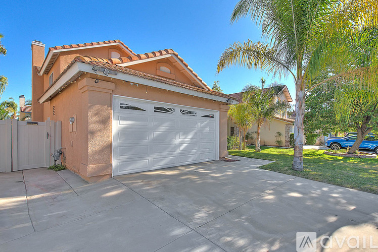 A house with a white garage door and a palm tree in front.