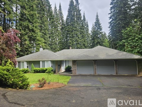 A house with a grey roof is surrounded by greenery and trees.
