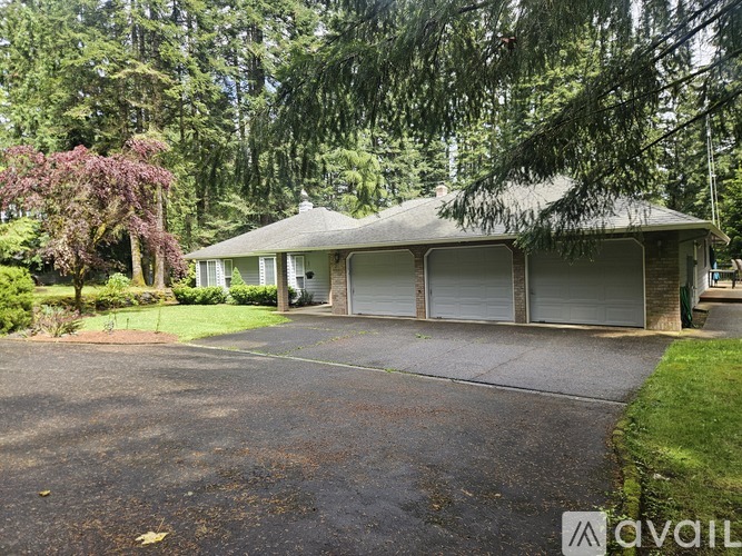 A house with a grey roof and a grey garage door is surrounded by trees.