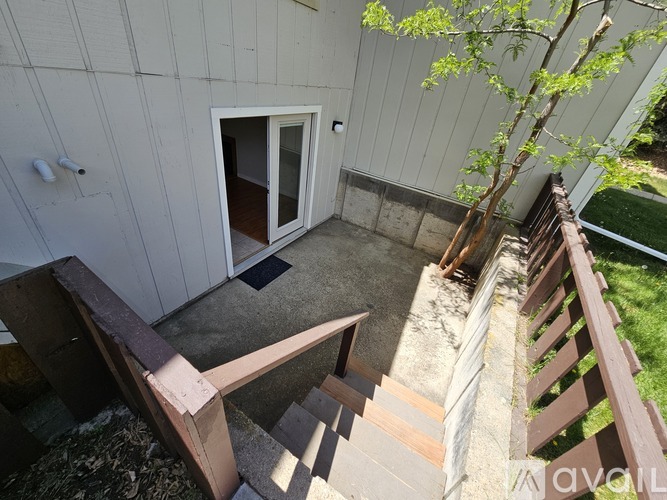 A tree is in front of a white building with a door and steps leading up to it.