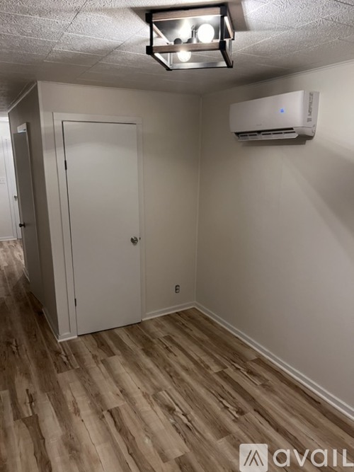 A room with a wooden floor and a white door.
