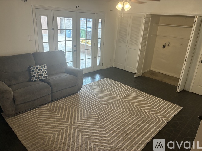 A living room with a grey couch and a patterned rug.