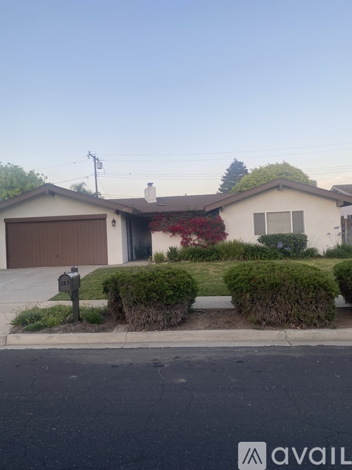 A house with a brown garage door and a red bush in front.