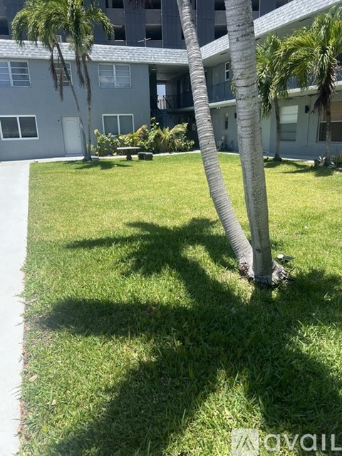 A palm tree stands in a grassy area in front of a building.
