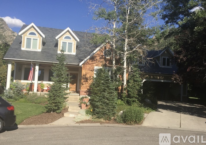 A house with a flag on the front porch is for sale.