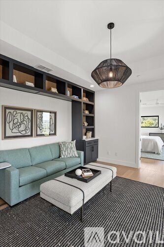 A living room with a green couch and a black and white rug.