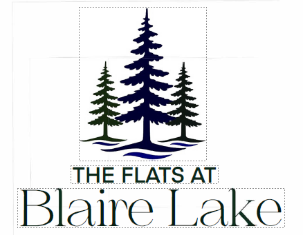 The logo for The Flats at Blaire Lake features a stylized tree.
