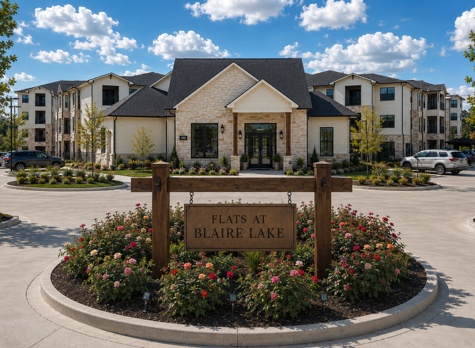 A sign in front of a building that says Flats at Blaire Lake.