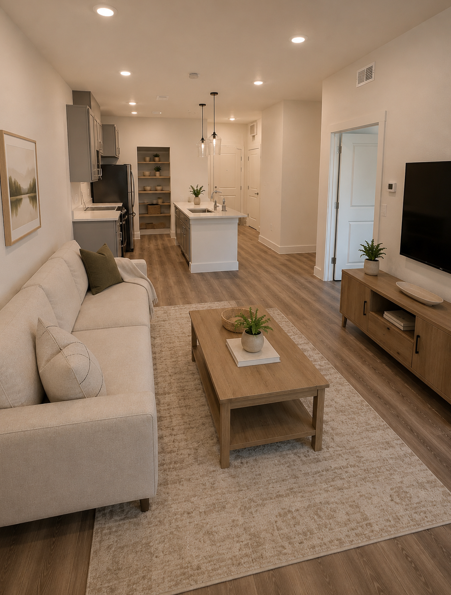 A modern living room with a white sofa and wooden coffee table.