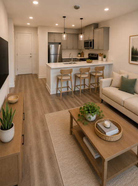 A modern kitchen with a bar and a living room area.