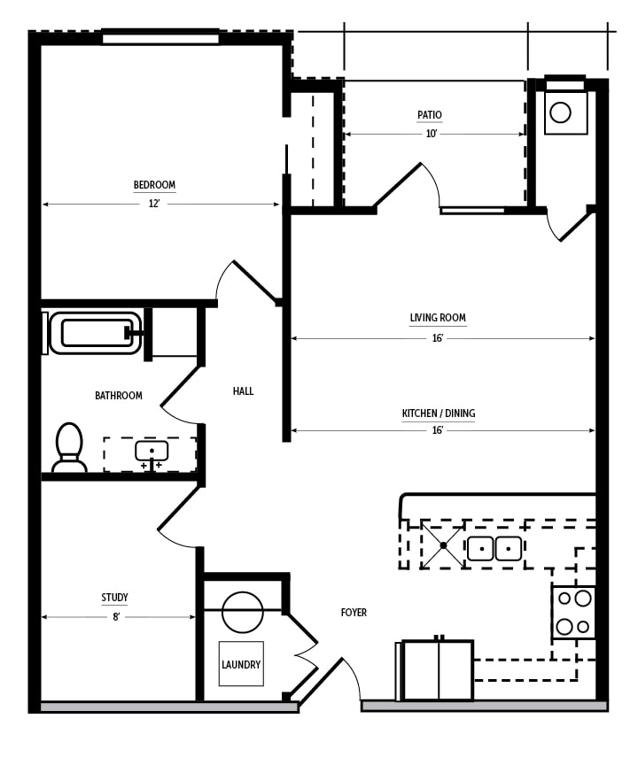 A floor plan of a house with a laundry room and a study.