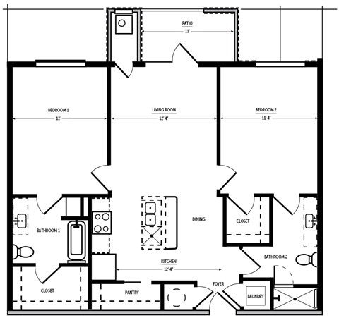 A floor plan of a house with two bedrooms, a living room, a dining area, a pantry, a laundry room, and two bathrooms.