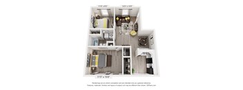 A 3D floor plan of a small apartment with a kitchen, living room, and two bedrooms.