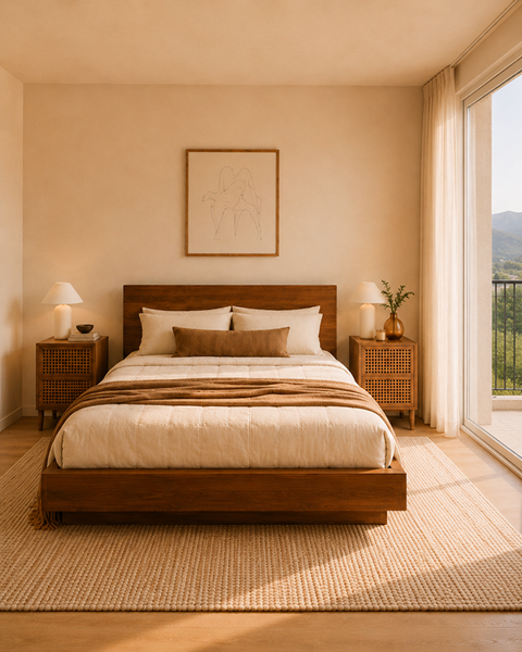 A bedroom with a large bed and a painting on the wall.