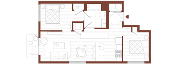 2 Bedroom, 1 Bathroom E2