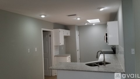 A kitchen with a sink and cabinets is available for rent.