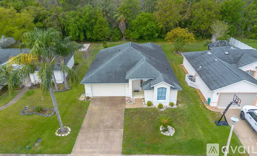 A house with a green lawn and a palm tree in front.