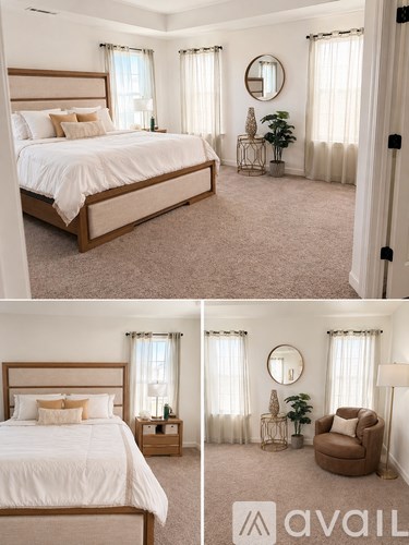 A bedroom with a large bed and a chair.