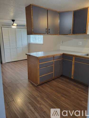 A kitchen with wooden cabinets and a counter.