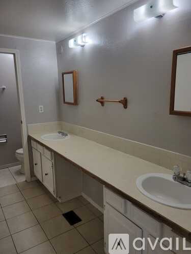A bathroom with two sinks and a toilet.