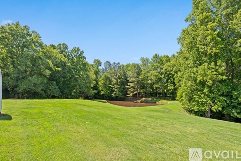 A lush green golf course with trees in the background.