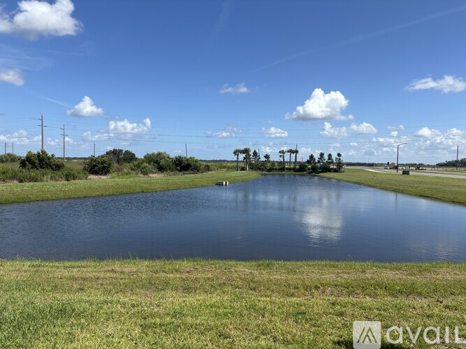 A body of water surrounded by grass and power lines under a blue sky.
