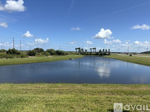 A body of water surrounded by grass and power lines under a blue sky.