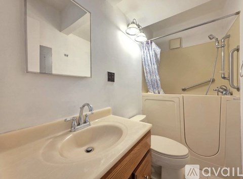 A bathroom with a sink, toilet, and shower.