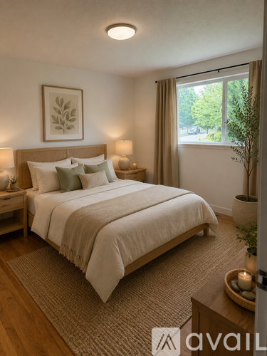 A bedroom with a large bed and a framed picture on the wall.