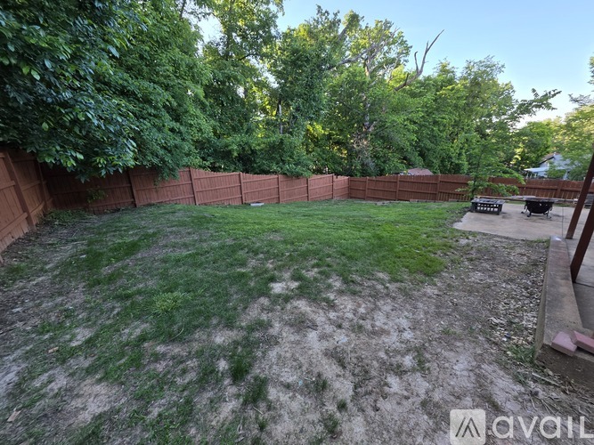 A backyard with a fence and trees.