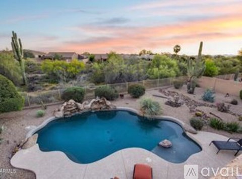 A pool surrounded by desert vegetation with a sunset in the background.