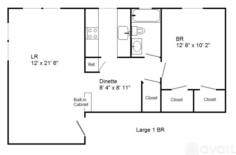 A floor plan of a large 1 bedroom apartment.