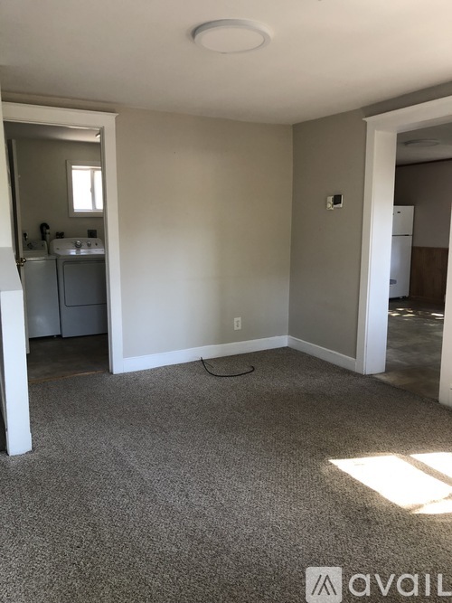 A room with a carpeted floor and a small kitchen area in the background.