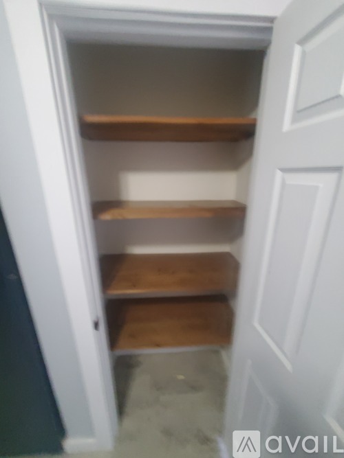 A white pantry door with three shelves.