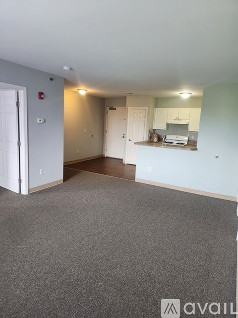 A carpeted room with a white door and a small kitchenette in the background.