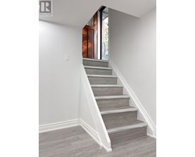A staircase with a wooden handrail and grey steps.