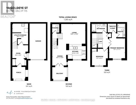 A floor plan for a home at 10 Goldeye St, Whitby shows the layout of the main, second, and third floors.