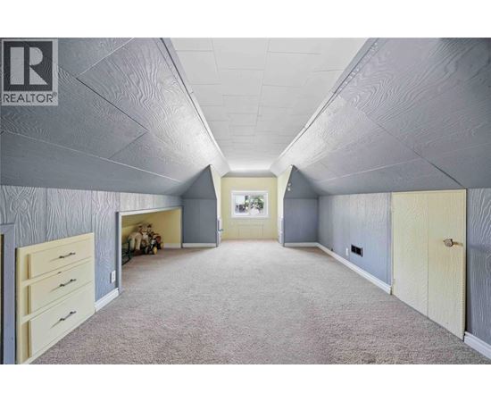 A spacious room with a carpeted floor and a ceiling with a wood grain texture.