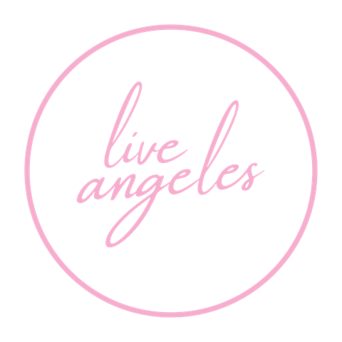 A pink circle with the words "live angeles" written in cursive.