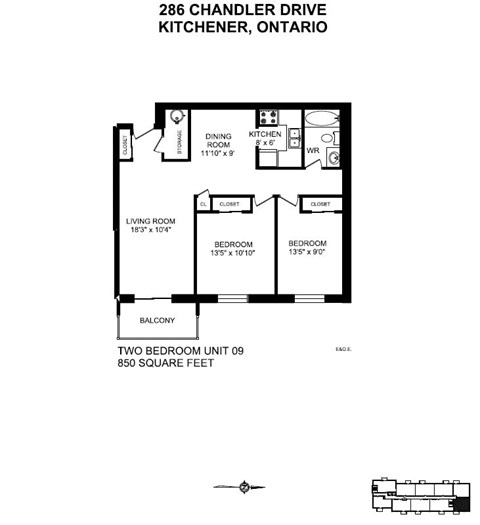 A floor plan for a two bedroom unit at 286 Chandler Drive in Ontario.