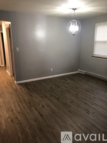 A room with wooden flooring and a light hanging from the ceiling.