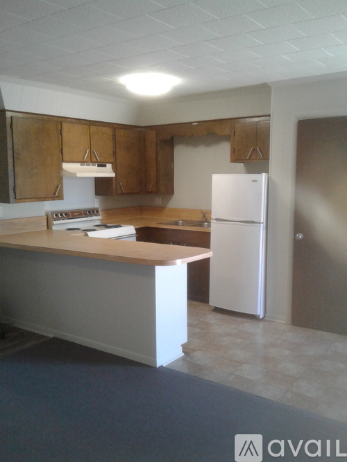 A kitchen with white appliances and wooden cabinets.
