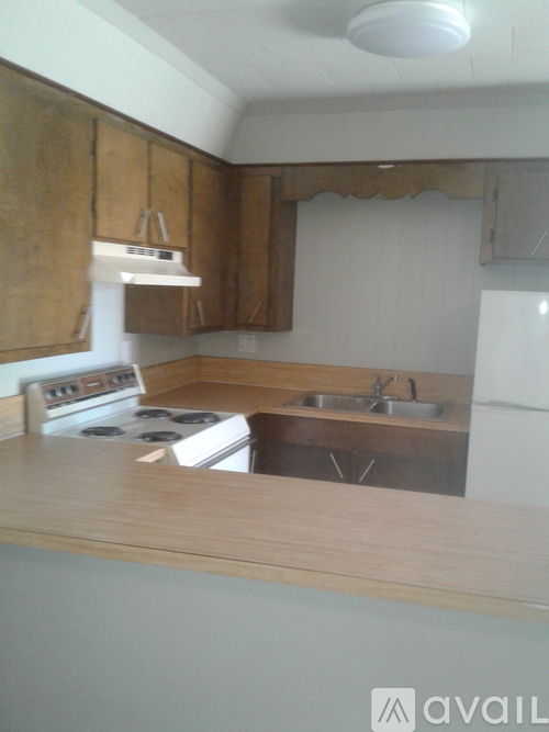 A kitchen with wooden cabinets and a stove top oven.
