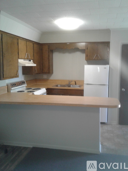A kitchen with wooden cabinets and a white refrigerator.