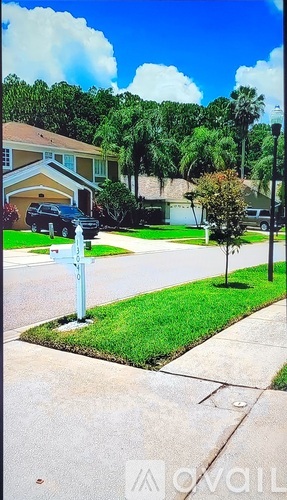 A residential street with a house, trees, and a car.
