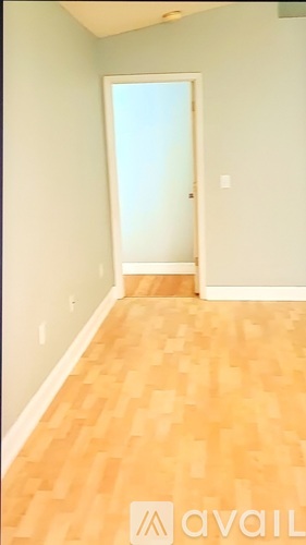 A room with a wooden floor and a door leading to a bright space.