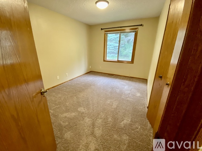 A room with a carpeted floor and a window showing trees outside.